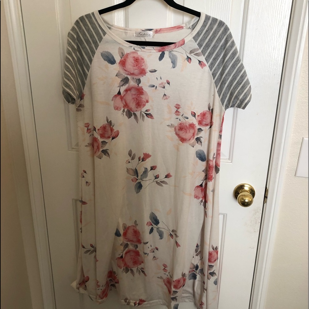 white dress with pink floral design